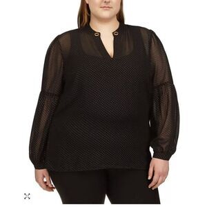 Michael Kors 2X‎ Sheer Blouse Shirt Black Gold V-Neck Bishop Long Sleeve Button